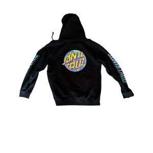 Santa Cruz Men Black Psychedelic Swirl Logo Hoodie Spellout Sleeves Skate, Y2K